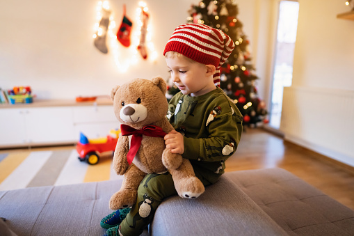 Portrait of cute toddler boy with his teddy bear in the well-decorated living room in the Christmas spirit