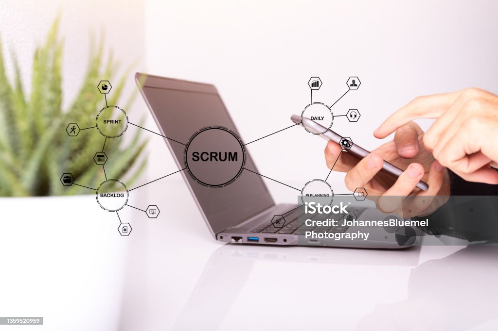 Agile Software Development Business Internet Techology Concept Coding software developer work with augmented reality dashboard computer icons with responsive cybersecurity.Businessman hand working Scrum - Sport Stock Photo