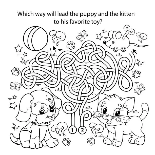 Vector illustration of Maze or Labyrinth Game. Puzzle. Tangled road. Coloring Page Outline Of cartoon little cat and dog with toys. Pets. Coloring book for kids.