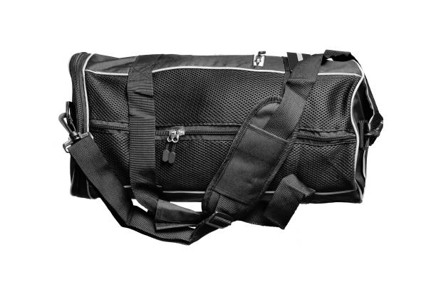 istock Black sport bag isolated on white from upper view 1359521325