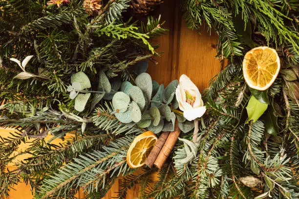 Picture of a finished handmade Christmas wreath made of evergreen tree branches dry fruits oranges pine cones.