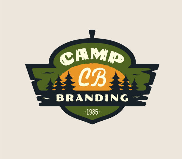 Camping logo emblem concept. Fir spruce tree sun icon Great outdoors symbol. Forest camp lover icon sign. Wild woods adventure design. Acorn shape badge Wooden elements