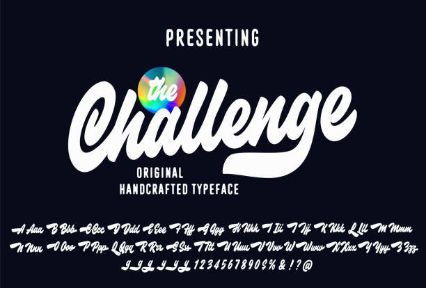 Challenge Brush Script Alphabet Challenge Brush Script Typeface with swashes. Handwritten alphabet. Beautiful cursive font. Hand lettering design. Clean Simple Pop Culture Style. Custom lettering look and feel writing stock illustrations