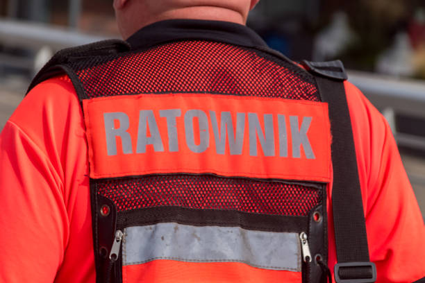 Ratownik inscription on Polish paramedic (Ratownik means paramedic in Polish language). stock photo