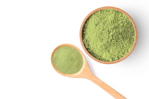 polvo de hierbas verdes - green tea herbal medicine ground isolated fotografías e imágenes de stock