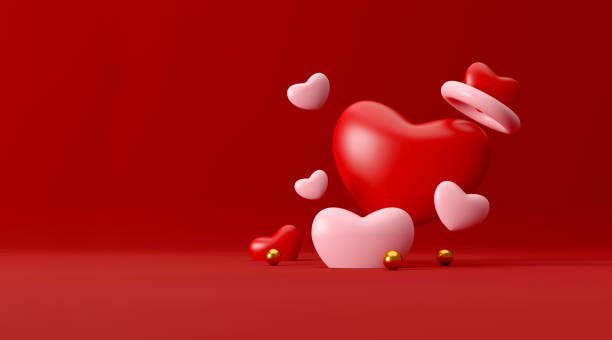 istock happy valentine's day background. festive decorative objects, heart shaped balloons, gift box, greeting card. holiday banner design. 3D illustration 1359530175