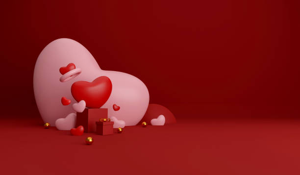 istock happy valentine's day background. festive decorative objects, heart shaped balloons, gift box, greeting card. holiday banner design. 3D illustration 1359530183