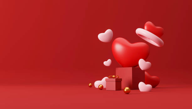 istock happy valentine's day background. festive decorative objects, heart shaped balloons, gift box, greeting card. holiday banner design. 3D illustration 1359530184