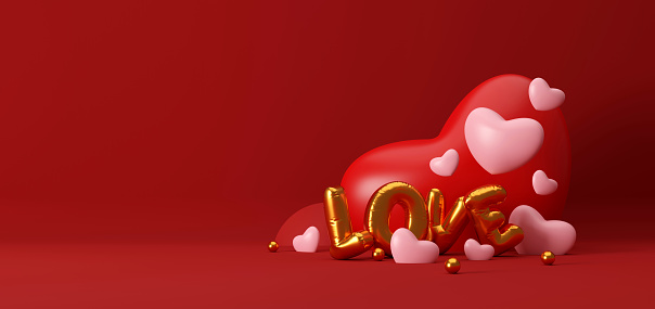 happy valentine's day background. open gift box full of decorative festive object, heart shaped and love word text balloons, greeting card. holiday banner design. 3D illustration