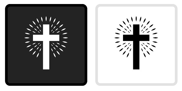 Christian Cross Icon on  Black Button with White Rollover. This vector icon has two  variations. The first one on the left is dark gray with a black border and the second button on the right is white with a light gray border. The buttons are identical in size and will work perfectly as a roll-over combination.