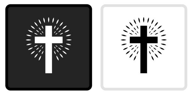 Christian Cross Icon on  Black Button with White Rollover Christian Cross Icon on  Black Button with White Rollover. This vector icon has two  variations. The first one on the left is dark gray with a black border and the second button on the right is white with a light gray border. The buttons are identical in size and will work perfectly as a roll-over combination. religious cross symbols stock illustrations