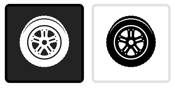 Car Tire Icon on  Black Button with White Rollover. This vector icon has two  variations. The first one on the left is dark gray with a black border and the second button on the right is white with a light gray border. The buttons are identical in size and will work perfectly as a roll-over combination.