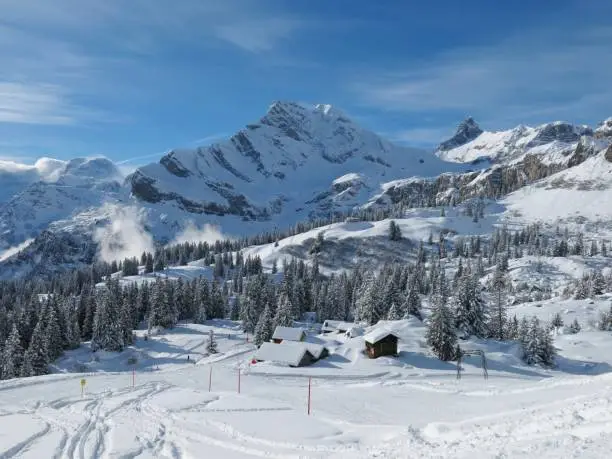 Ski slope in Braunwald and mountain named Ortstock.
