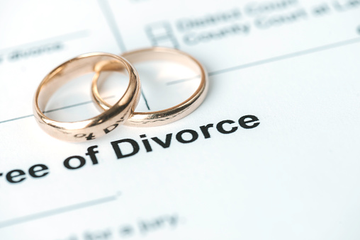 Weeding rings on divorce papers. Representing divorce process.