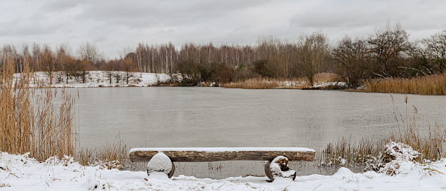 Snow covered wooden bench on the shore of a snowy lake in cloudy day in winter white