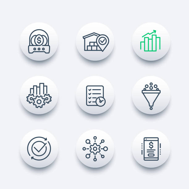 fitness, health, gym trendy icons on circles business management icons, line vector set incubator stock illustrations
