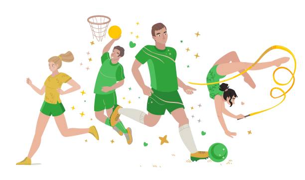 International Day of Sport for Development and Peace. Vector illustration. International Day of Sport for Development and Peace. Football, basketball player. We will play again. Summer Olympics background. Physical activity, healthy wellbeing concept. Vector illustration. international match stock illustrations