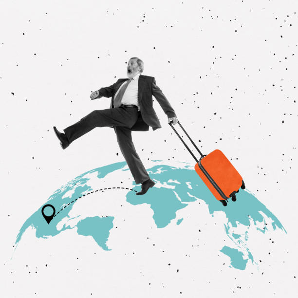 istock Surprised bearded man, business man in suit going with suitcase through drawn globe. Modern design, contemporary art collage. 1359534513