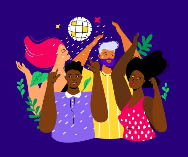 Vector illustration of Disco with friends - colorful flat design style illustration