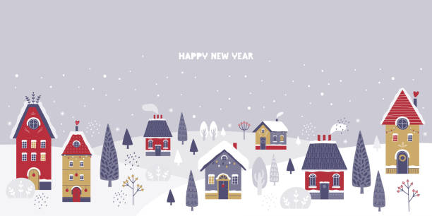 Cozy snowy town on the background of a winter landscape. Cute christmas houses, falling snow, snowdrifts, winter forest. Happy New Year and Merry Christmas. Horizontal banner in Scandinavian style Cozy snowy town on the background of a winter landscape. Cute christmas houses, falling snow, snowdrifts, winter forest. Happy New Year and Merry Christmas. Horizontal banner in Scandinavian style facade stock illustrations