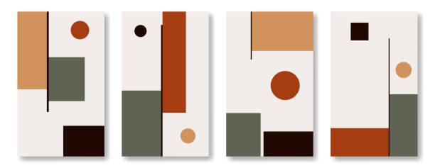 istock Set of modern art design in Bauhaus style, geometric abstract backgrounds. Simple figures in muted palette against light background, contemporary art 1359536717