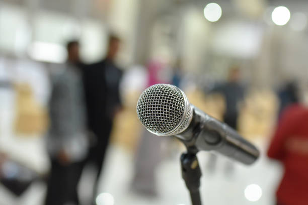 Microphone abstract prepare for speaker speech of conference or seminar hall at exhibition room background