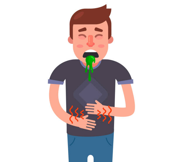 the man has nausea and a stomach ache. digestive problems the man has nausea and a stomach ache. digestive problems. flat vector illustration. puke green color stock illustrations