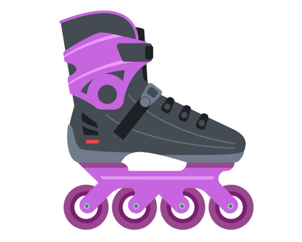 ilustrações de stock, clip art, desenhos animados e ícones de purple roller skates sideways. sports shoes for children - roller skate