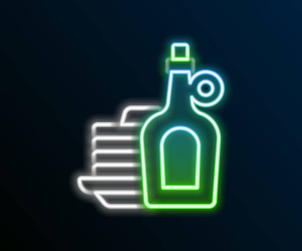 ilustrações de stock, clip art, desenhos animados e ícones de glowing neon line bottle of maple syrup with stack of pancakes icon isolated on black background. colorful outline concept. vector - tree isolated maple tree green