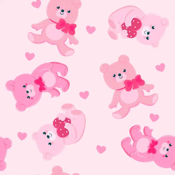 Vector illustration of Seamless pattern with pink teddy bears. Vector graphics.
