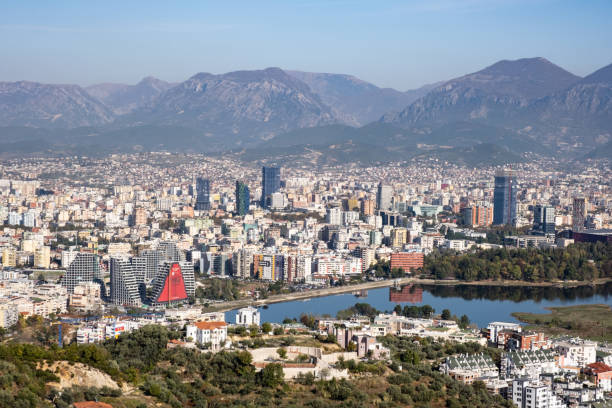 View from Downtown Tirana, Artificial Lake and Dajti Mountain The photo is taken from the South. tirana photos stock pictures, royalty-free photos & images