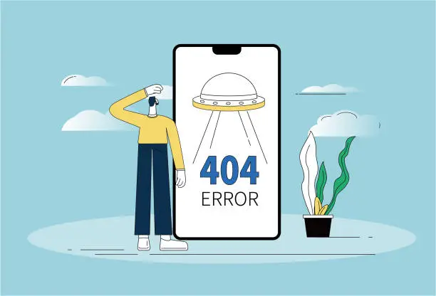 Vector illustration of 404 error, mobile phone program error, web page cannot be opened.