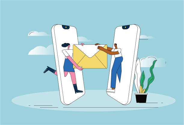 Two people use mobile phones to send mail. Two people use mobile phones to send mail. message illustrations stock illustrations