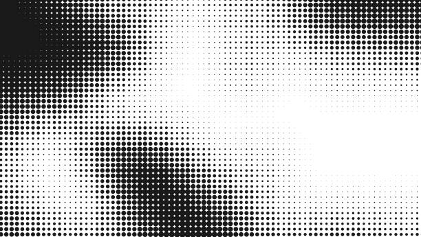abstrakte abstufung des halbtonmusters in schwarz-weißer monochromer farbe. farbverlaufsskala von schwarzen punkten auf weißem hintergrund.  grunge-muster gepunktet für poster, visitenkarte, cover, etiketten-mock-up. - gradiation stock-fotos und bilder