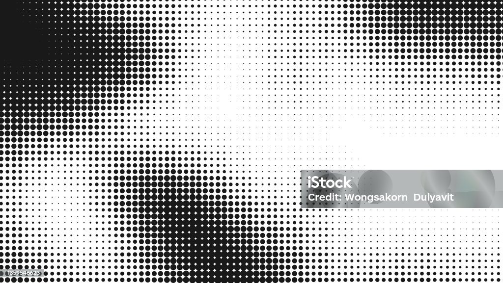 abstract gradiation of halftone pattern in black and white monochrome color. gradient scale of black dots on white background.  grunge pattern dotted for poster, business card, cover, label mock-up. Half Tone Stock Photo