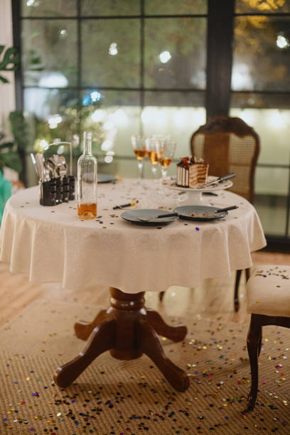 istock Empty room with confetti and half eaten cake after birthday party 1359547107