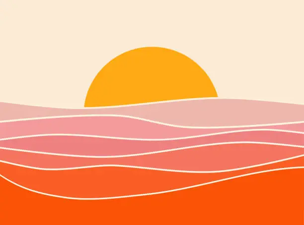 Vector illustration of Retro abstract sunset landscape boho 70's style mid century modern graphic design, pink and red