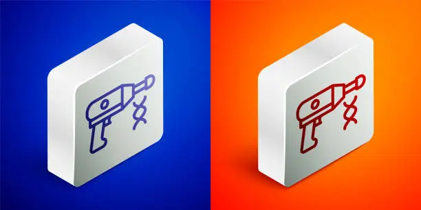 Vector illustration of Isometric line Transfer liquid gun in biological laborator icon isolated on blue and orange background. Silver square button. Vector