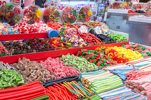 Assorted colorful candy at Mahane Yehuda Market in Jerusalem, Israel.