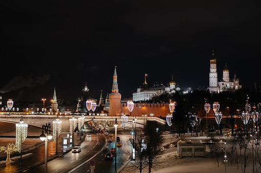 Panorama of winter Moscow. apital of Russia. Kremlin, Kremlin wall, churches, Grand Kremlin Palace. Moscow river under the ice. Embankment. Business card of Moscow.