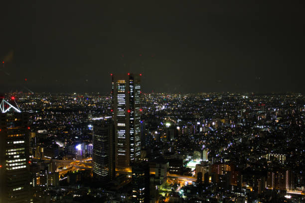 vista delle luci della città di tokyo dal tokyo metropolitan government building - japanese culture tokyo prefecture government moving up foto e immagini stock