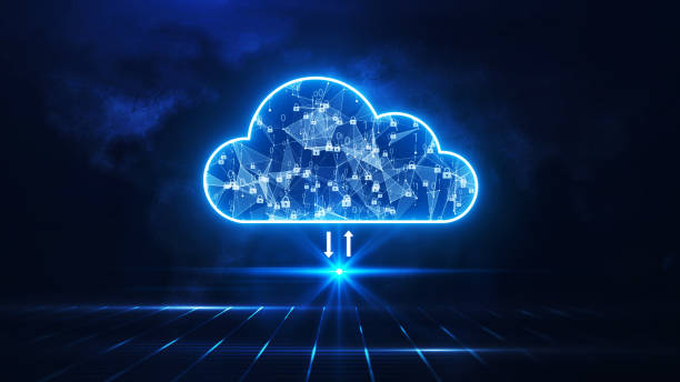 istock Cloud computing. A large geometric cloud stands out in the center. Shows the connection of polyhedrons and small padlocks inside. Below is the grid behind the abstract world map. dark blue background. 1359555152