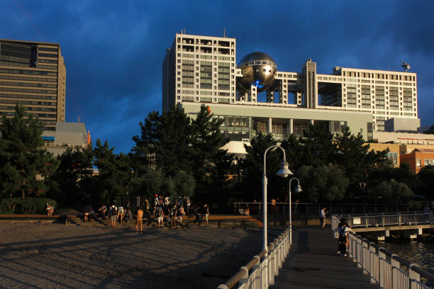 Tokyo, Japan - august 22 2019: Fuji TV headquarters from Odaiba beach