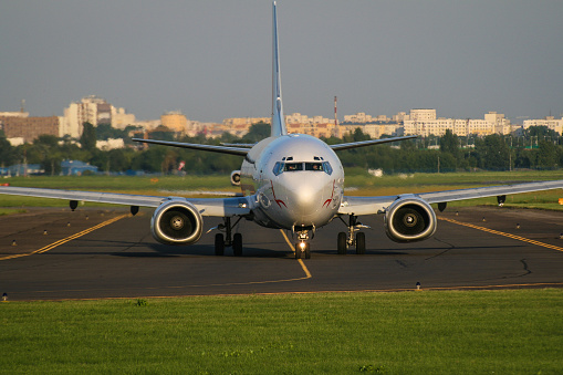 Warsaw, Poland - 07 august 2008: Front view of polish airlines Centralwings jet airplane Boeing 737-45D taxiing on taxiway to the runway