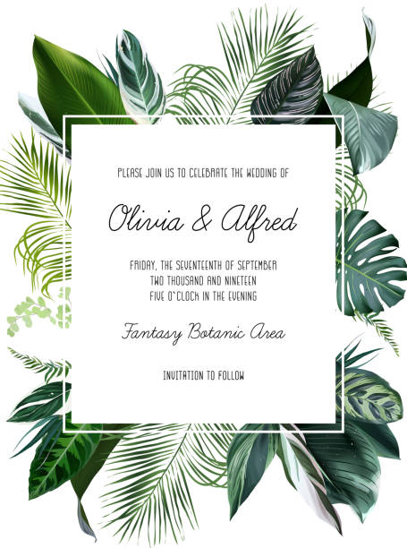 Emerald green monstera, calathea, palm tropical leaves template square card Emerald green monstera, calathea, palm tropical leaves template square card. Emerald exotic greenery frame. Island wedding invitation. Tourism and vacation banner. Elements are isolated and editable tropical elegance stock illustrations