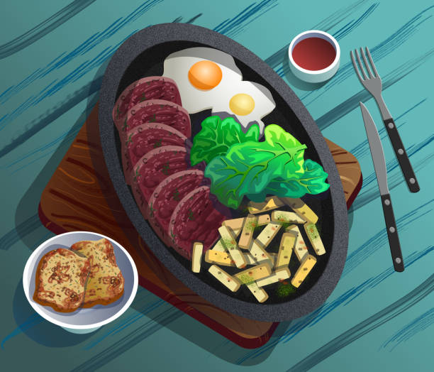 пан-продукты. салат, яичница, мясо, картофель фри, соус, сухарики - cooked barbecue eating serving stock illustrations