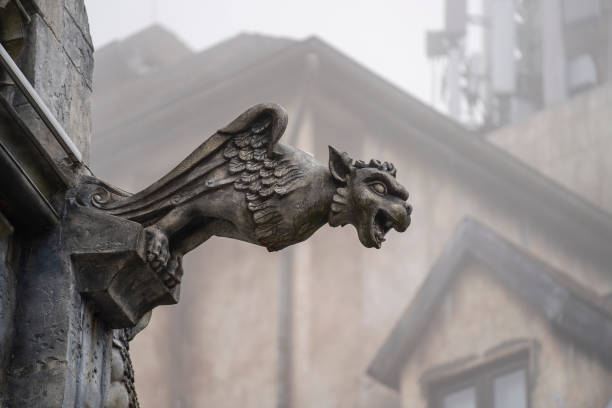 Gargoyle statue, chimeras, in the form of a medieval winged monster, from the royal castle in Bana hill, tourism site in Da Nang, Vietnam stock photo