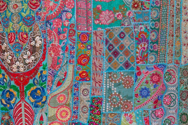 istock Detail old colorful patchwork carpet in India. Close up 1359557404