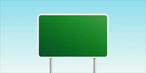 Vector illustration of Green blank road sign board with place for text isolated on blue sky background. Mockup, EPS 10 vector illustration.