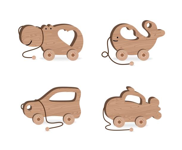 Children's toys for Children's Games and Entertainment set Wooden machine Hippo Whale Submarine Vector Illustration Children's toys for Children's Games and Entertainment set Wooden machine Hippo Whale Submarine Vector Illustration on white background wood turtle stock illustrations